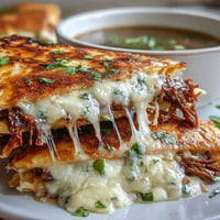 Crispy birria quesadillas stuffed with tender braised beef and melted cheese, served with a rich consommé for dipping.  