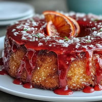 A vibrant gluten-free blood orange polenta cake with almond crumb and a glossy pink citrus glaze.  