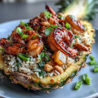 A colorful pineapple fried rice with juicy pineapple chunks, shrimp, and vegetables served in a hollowed pineapple shell for a stunning presentation.