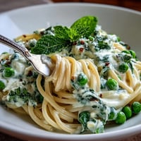 Bright lemon ricotta pasta with peas and mint, ready to serve.