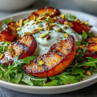 Caramelized grilled peach and burrata salad, drizzled with honey dressing, ready to serve.
